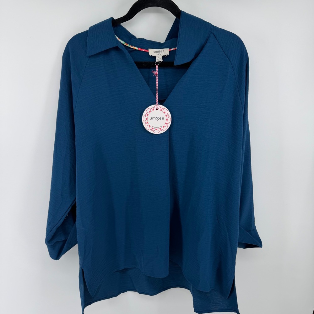 Umgee Teal V-Neck Collared Blouse Textured 3/4 Sleeve High-Low Top B8245 NEW‎